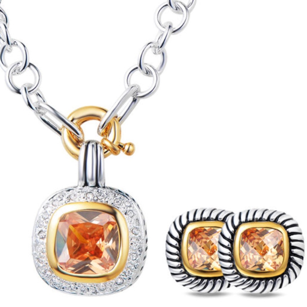 Quality Crystal Necklace Earring Set - Champagne